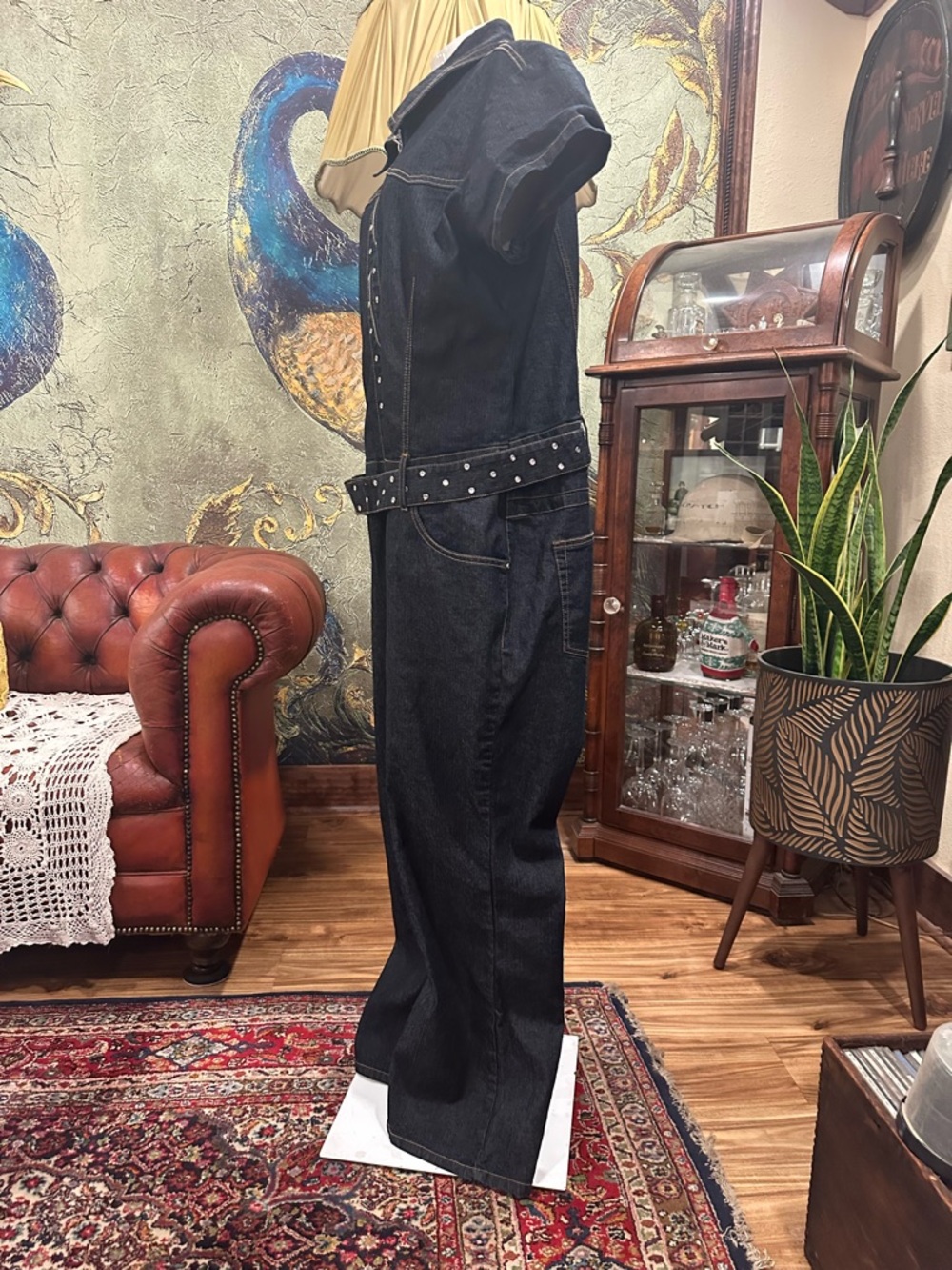 Goddess Plus Size 18 Denim Jumpsuit Rhinestone Belted Western Boho Y2K Flare XL - Picture 5 of 14